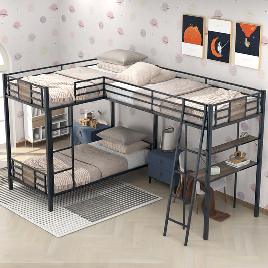 L-Shaped Bunk Bed and Loft Bed Set with Desk and Shelves in Brown