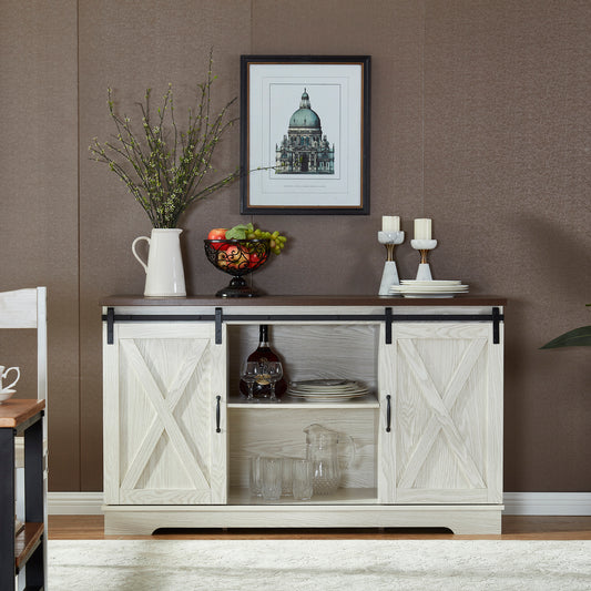 Walnut and White Wash Sliding Barn Door Buffet Sideboard