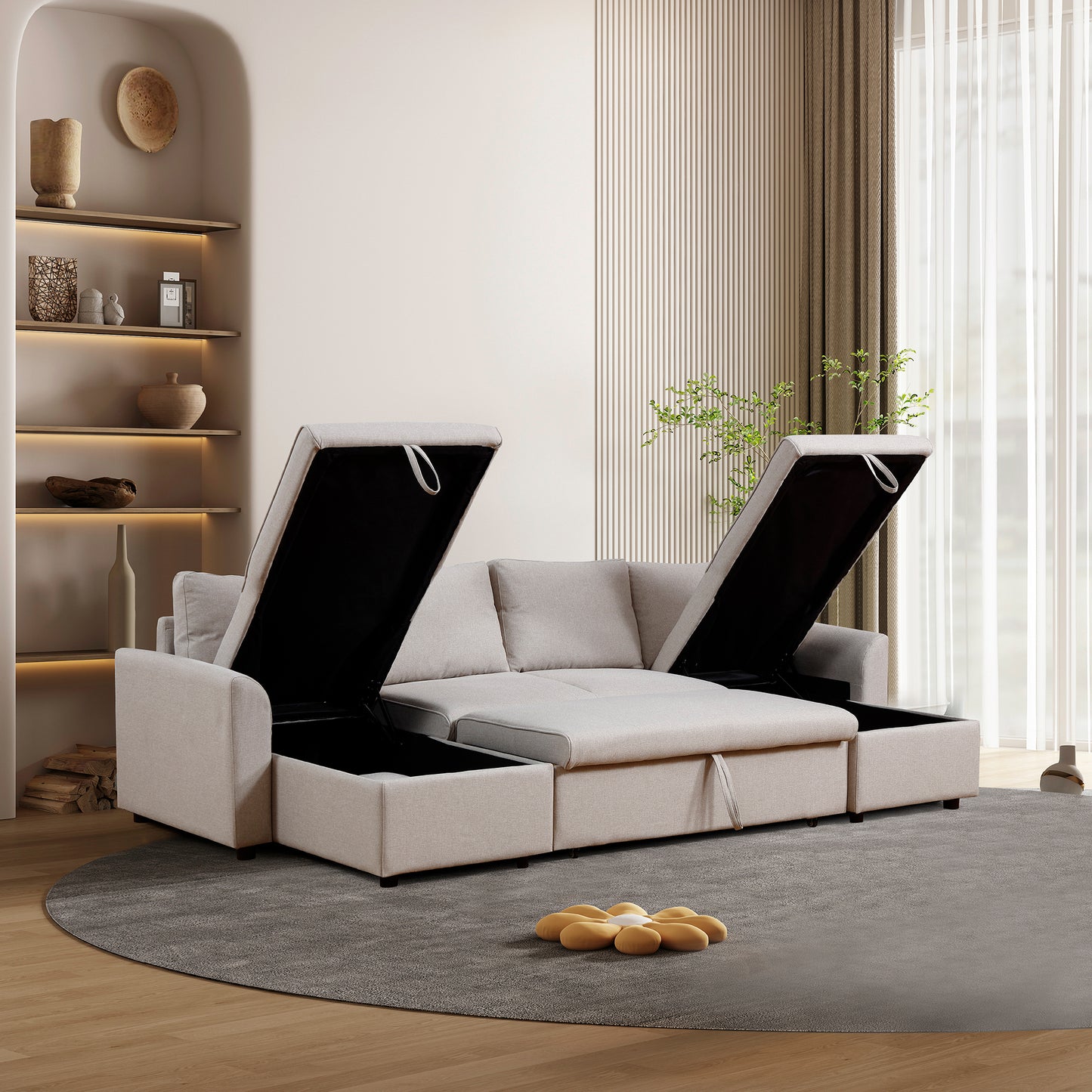 Artemax U-Shape Pull-out Sleeper Sectional Sofa with Double Storage Spaces ,BEIGE