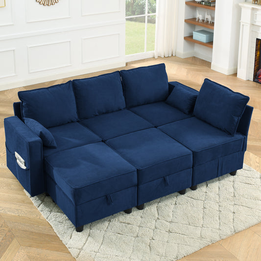 Sectional Modular Sofa Couch, 6 Storage Seat Convertible Sofa Bed Set for Living Room, Navy Blue Corduroy Velvet