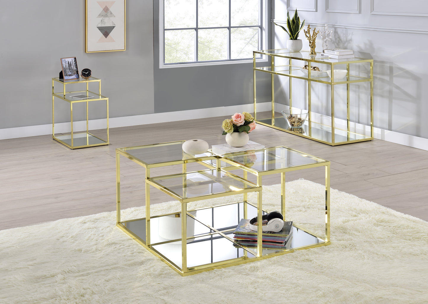 Uchenna Glass and Gold Coffee Table with Shelf