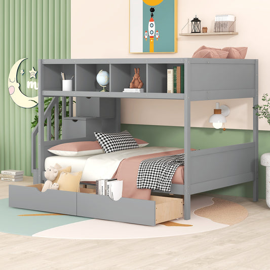 Twin over Full Bunk Bed with Storage Staircase, Drawers, and Shelfs in Gray