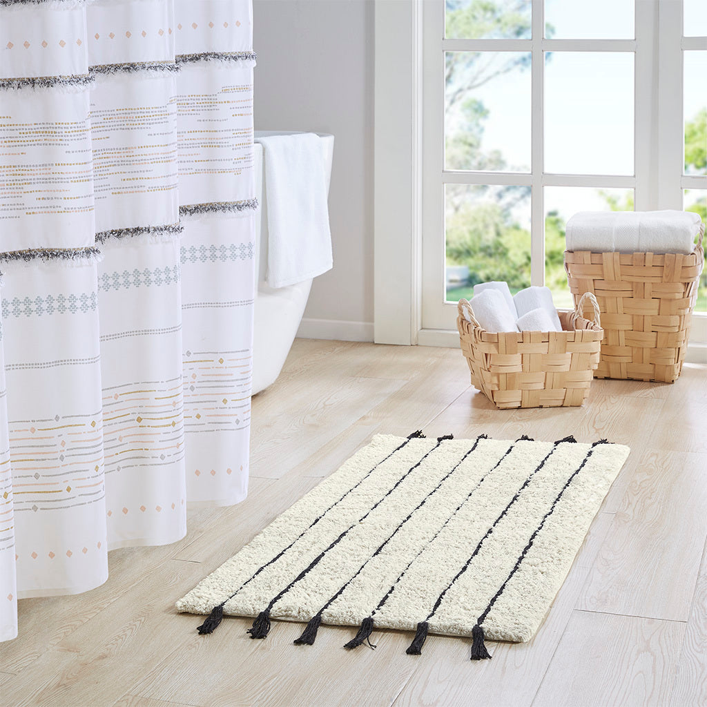 Striped Cotton Bath Mat with Tassel Detail