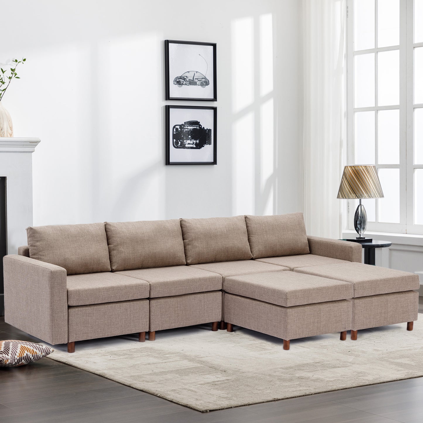 Sectional Sofa Couch with Ottoman Set, 4-Seater, Non-Removable Cushions, High Quality Fabric, Brown