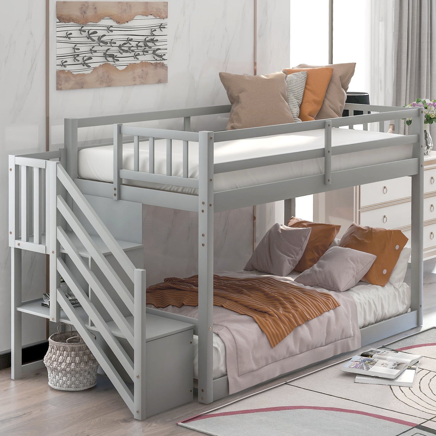 Gray Twin Bunk Bed with Built-in Storage Ladder for Kids