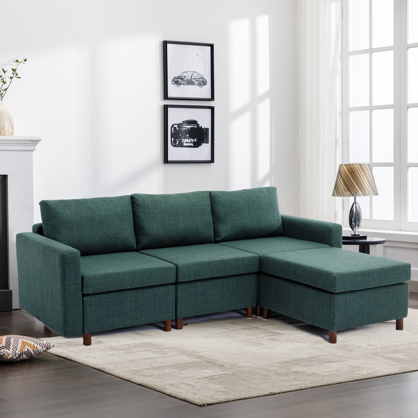 3-Seat Green Linen Sectional Sofa Set with Ottoman