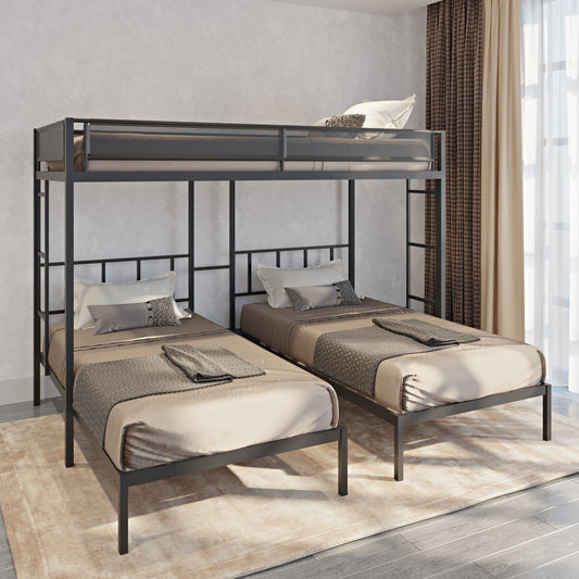 Metal Triple Twin Bunk Bed with Silent Wood Slats and Textilene Guardrails