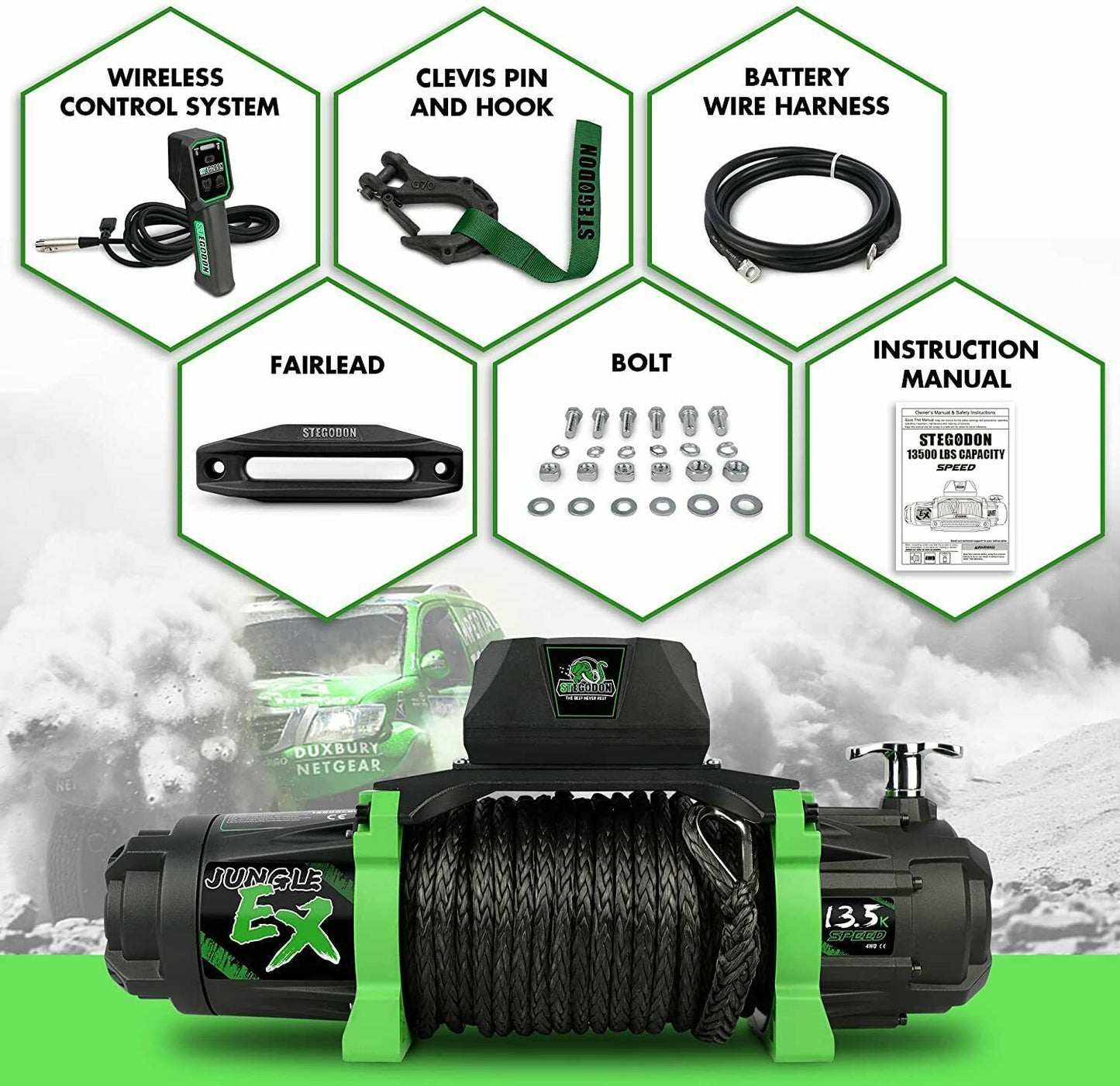 STEGODON JUNGLE-EX SERIES 13500 LBS WINCH: Electric Winch for Towing Trucks and Off-Road Vehicle