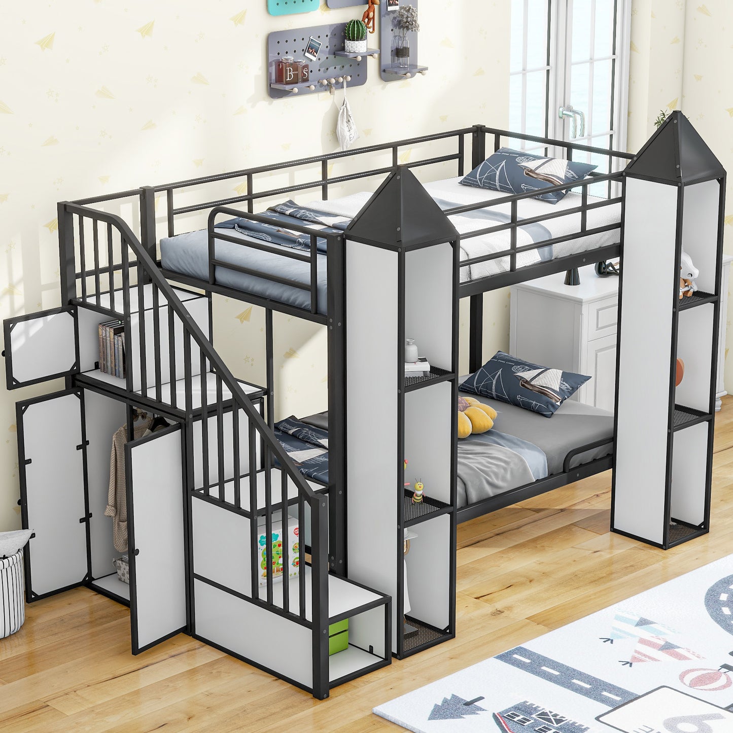 Castle-themed Metal Twin Bunk Bed with Wardrobe and Storage in Black and White Color Palette