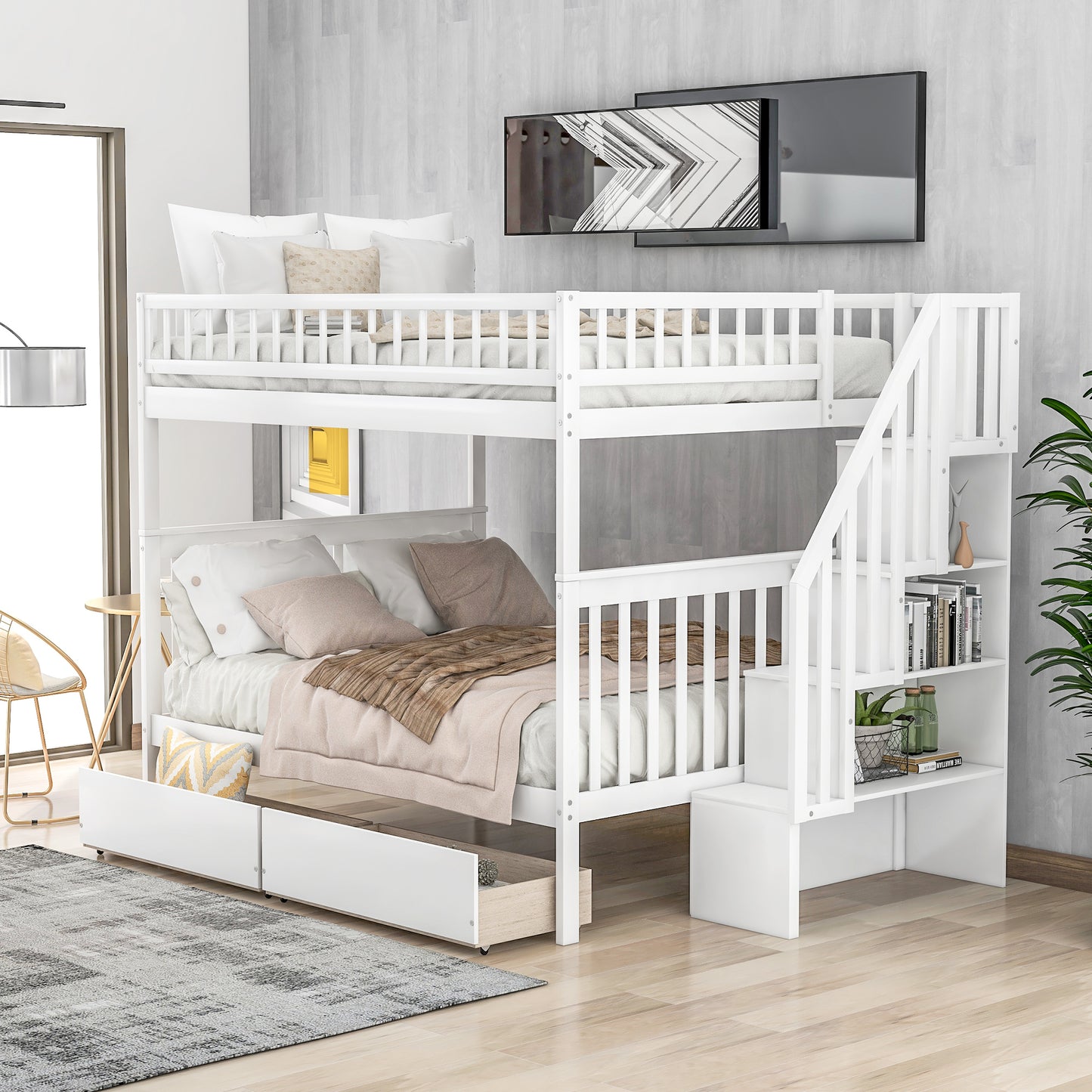 White Full over Full Bunk Bed with Two Drawers: Spacious and Stylish Sleep Solution