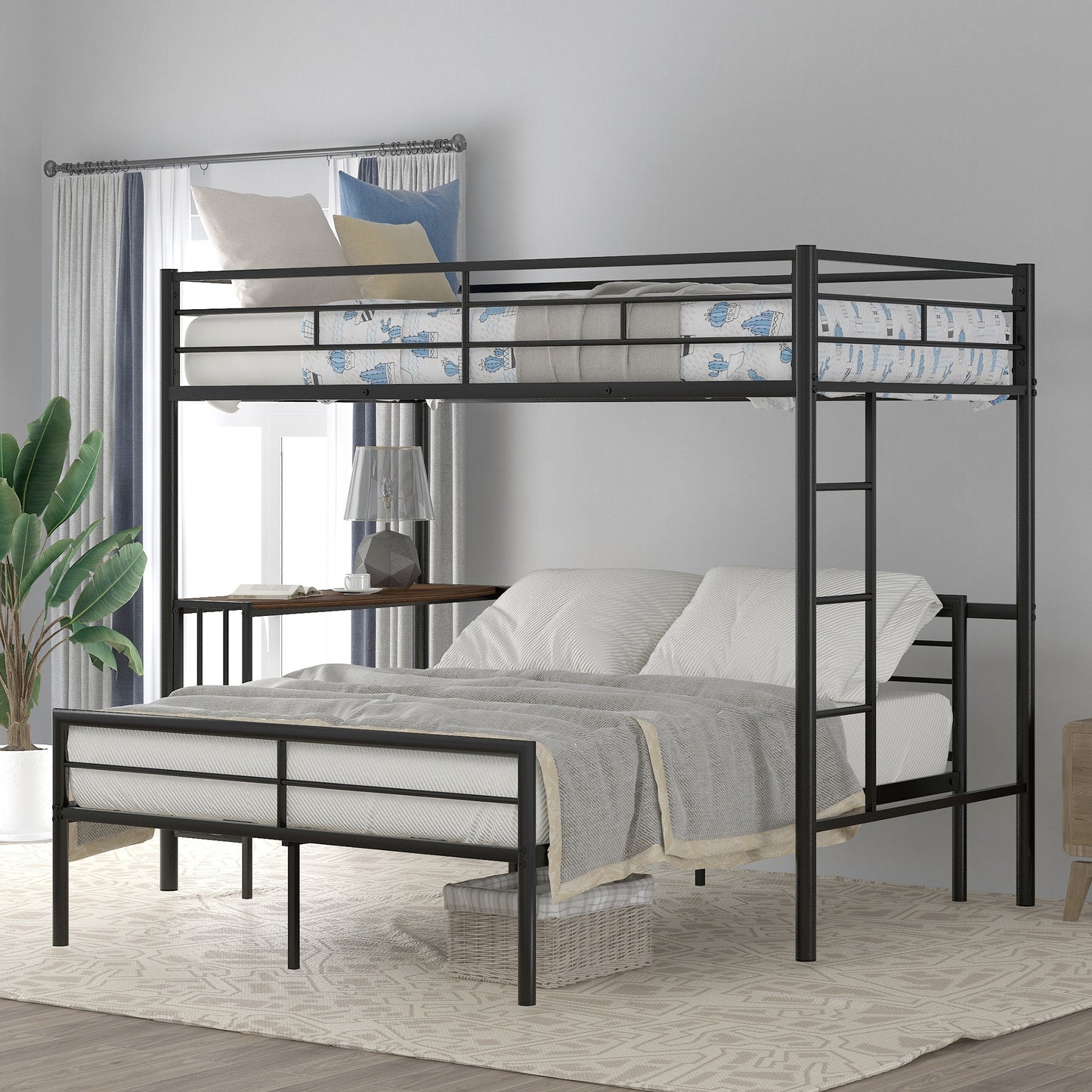 Metallic Black Bunk Bed with Desk and Full Over Twin Configuration