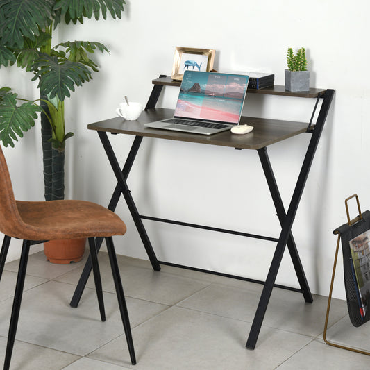 Compact Walnut and Black Folding Desk with Shelf