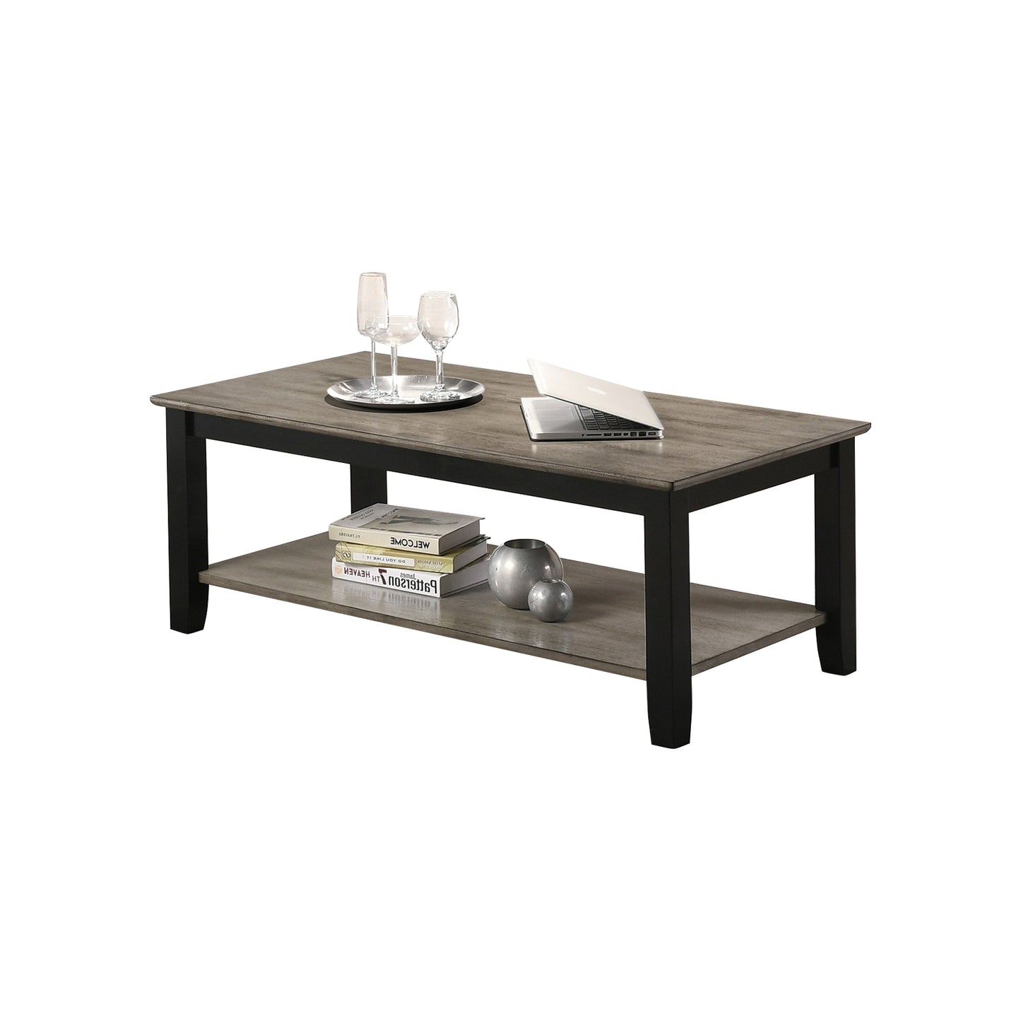 Dark Brown and Grey Coffee Table with Open Storage Shelf
