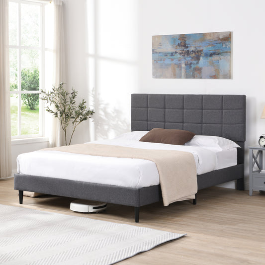 Full Size Platform Bed Frame with Fabric Upholstered Headboard and Wooden Slats, No Box Spring Needed/Easy Assembly, Grey