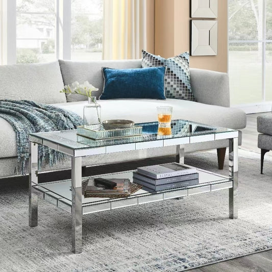 Elegant 2-Layer Crystal Mirror Stainless Steel Coffee Table for Various Spaces