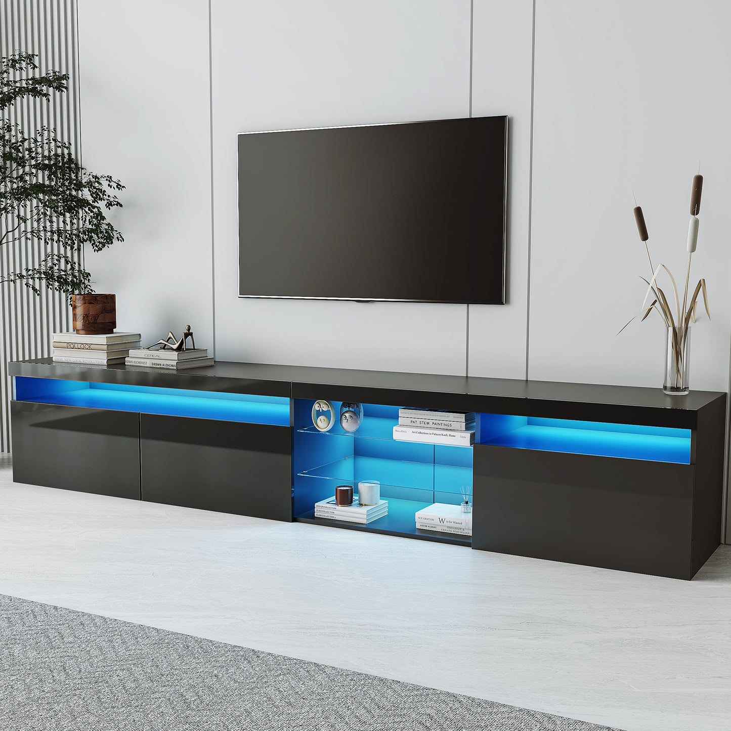 Contemporary Black LED TV Stand with Glass Shelves and Ample Storage Space