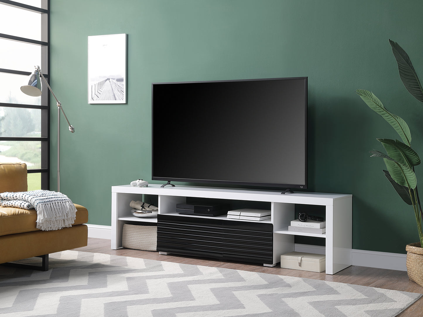 Buck II TV Stand in White & Black High Gloss with Solid Wood Construction LV00998