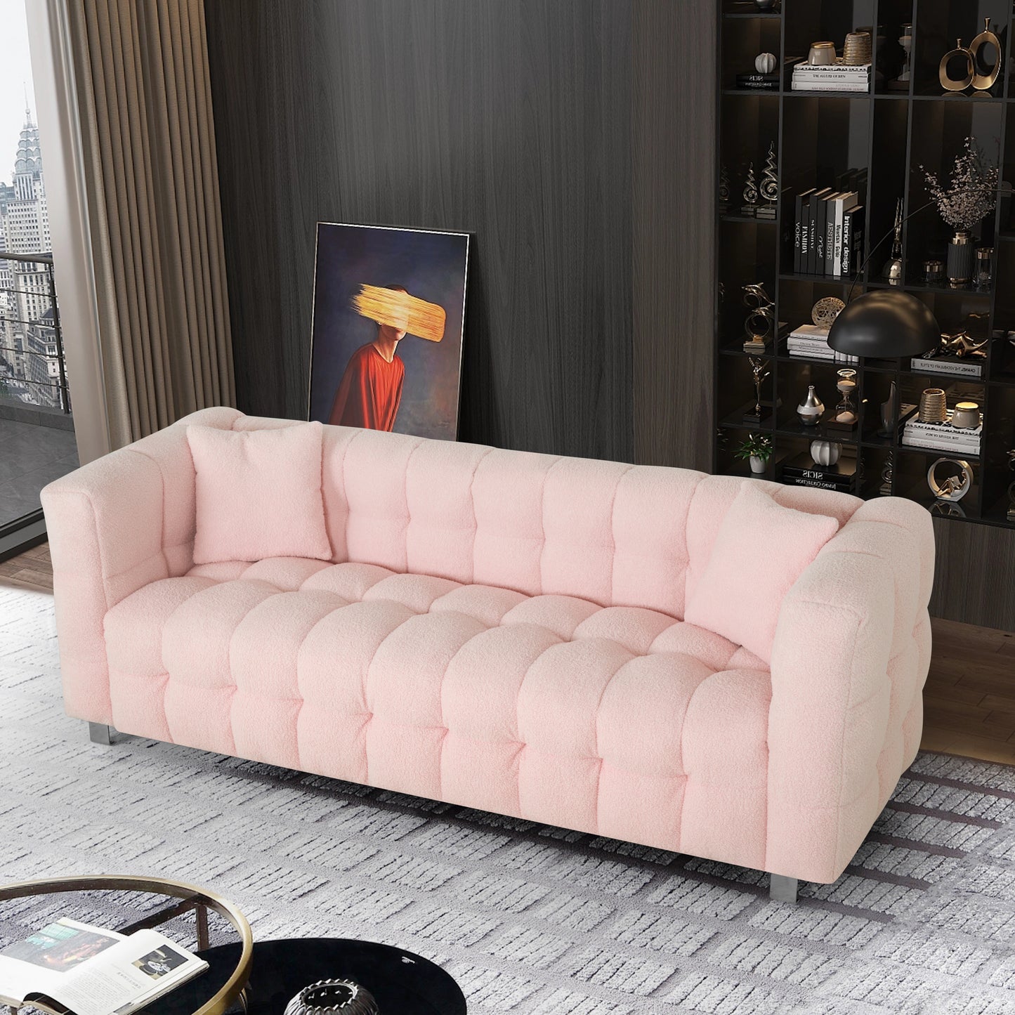 Pink teddy fleecesofa 80 inch discharge in living room bedroom with two throw pillows hardware foot support