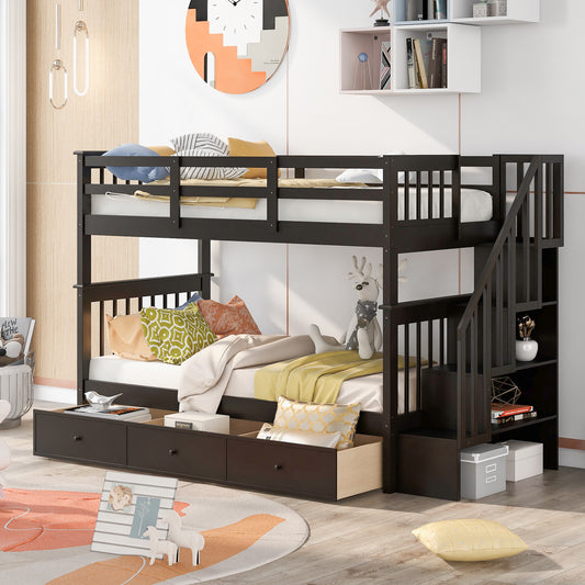 Staircase Twin Bunk Bed with Storage Drawers - Espresso