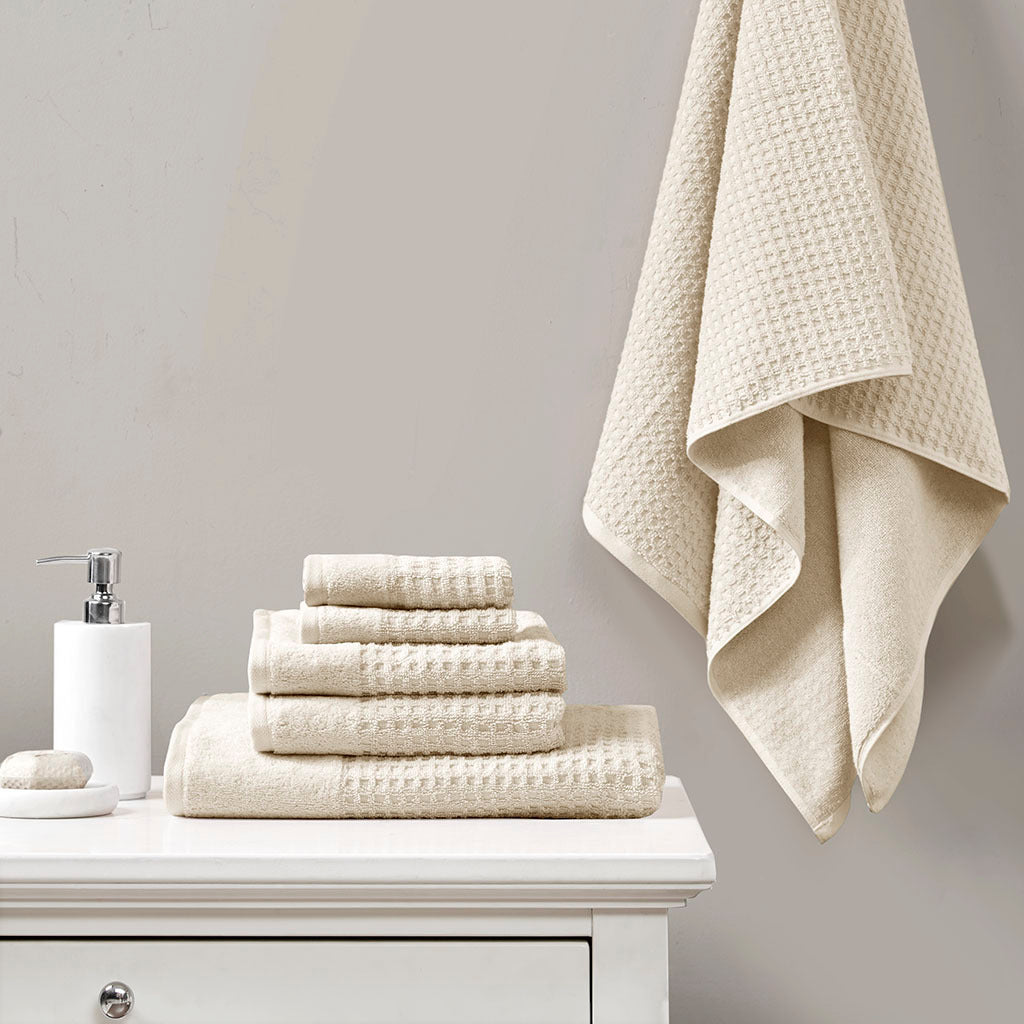 6-Piece Set of Antimicrobial Cotton Waffle Jacquard Bathroom Towel Collection