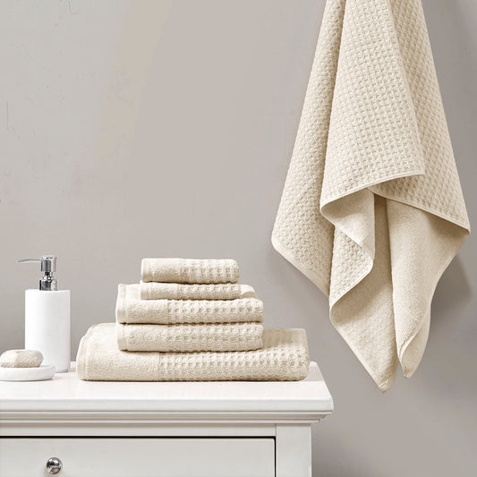 6-Piece Set of Antimicrobial Cotton Waffle Jacquard Bathroom Towel Collection