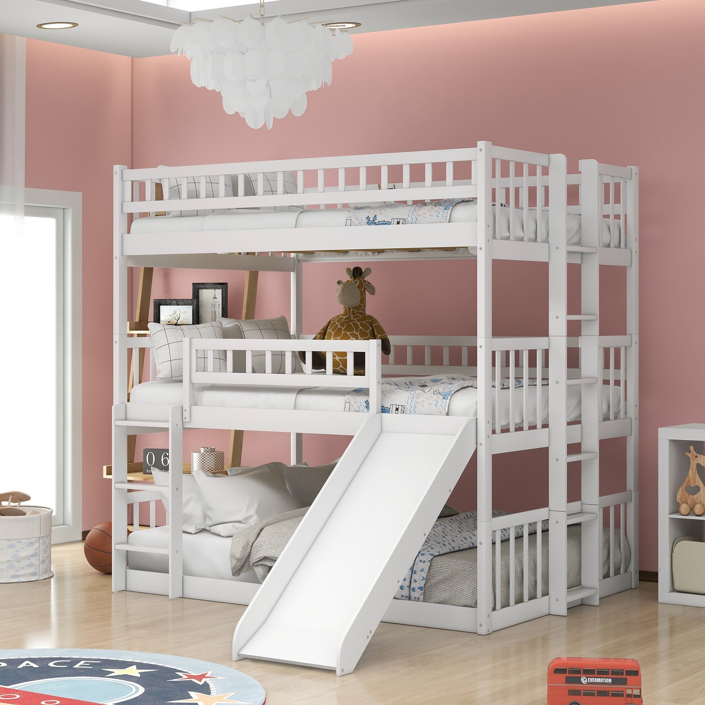 Three-Tier Bunk Bed with Versatile Sleeper Options, Slide, and Ladder, White