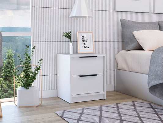 Kaia Nightstand, Two Drawers, Metal Handle -White