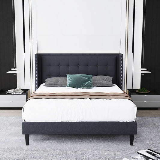 Molblly Full Size Bed Frame with Upholstered Headboard, Strong Frame, and Wooden Slats Support, Non-Slip and Noise-Free, No Box Spring Needed, Easy Assembly, Dark Grey