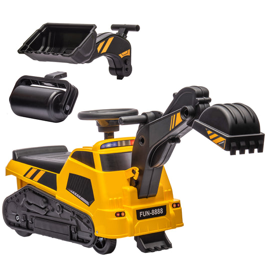 3-in-1 Yellow Ride-On Excavator Bulldozer Road Roller for 18-48 Months