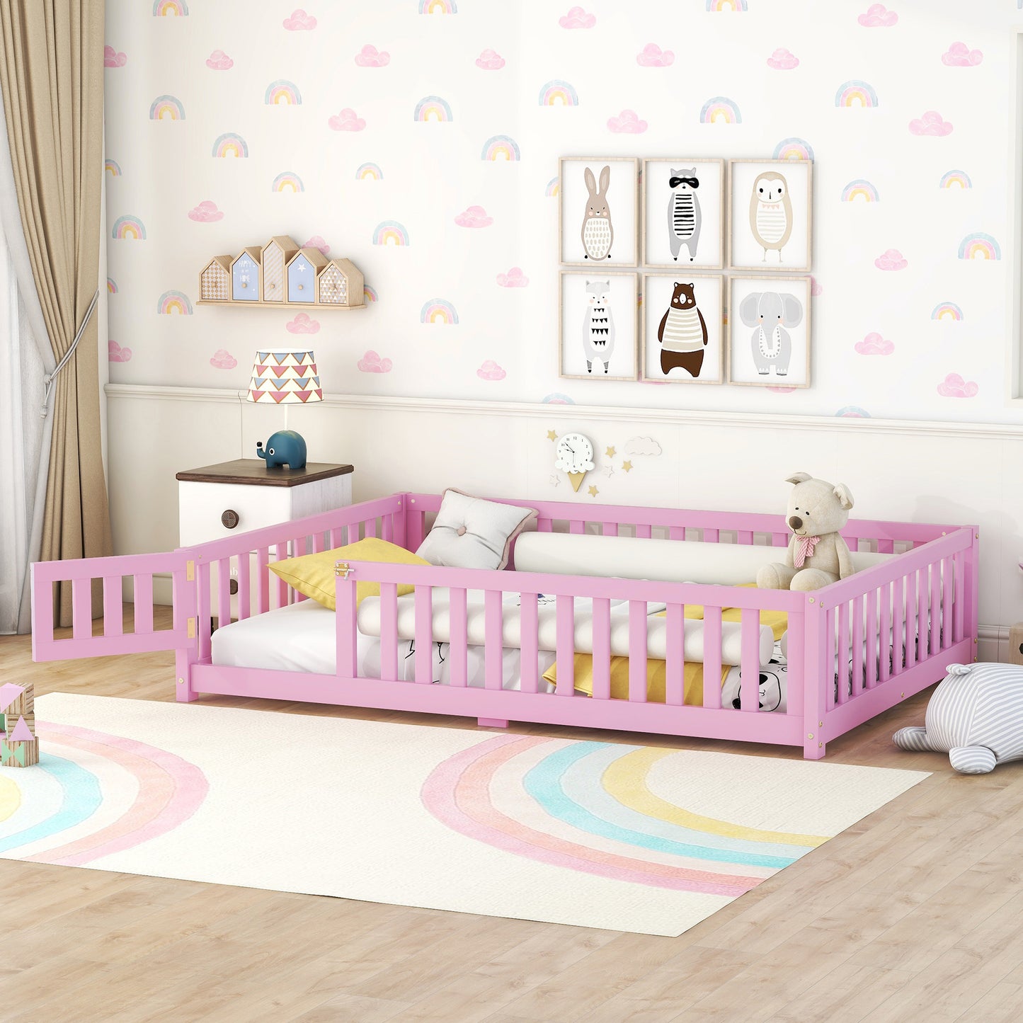 Full Size Bed Floor Bed with Safety Guardrails and Door for Kids, Pink