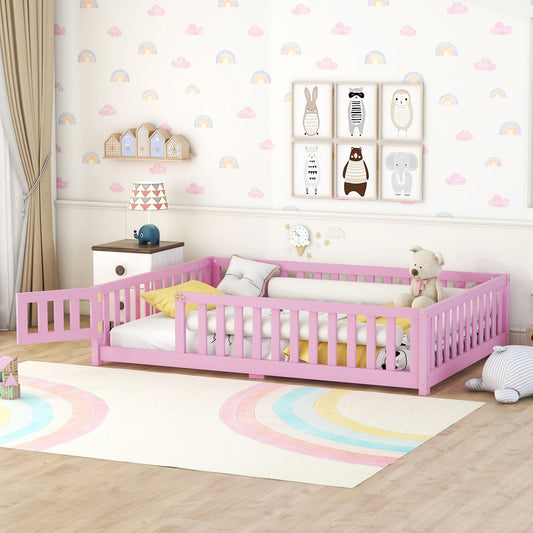 Full Size Bed Floor Bed with Safety Guardrails and Door for Kids, Pink