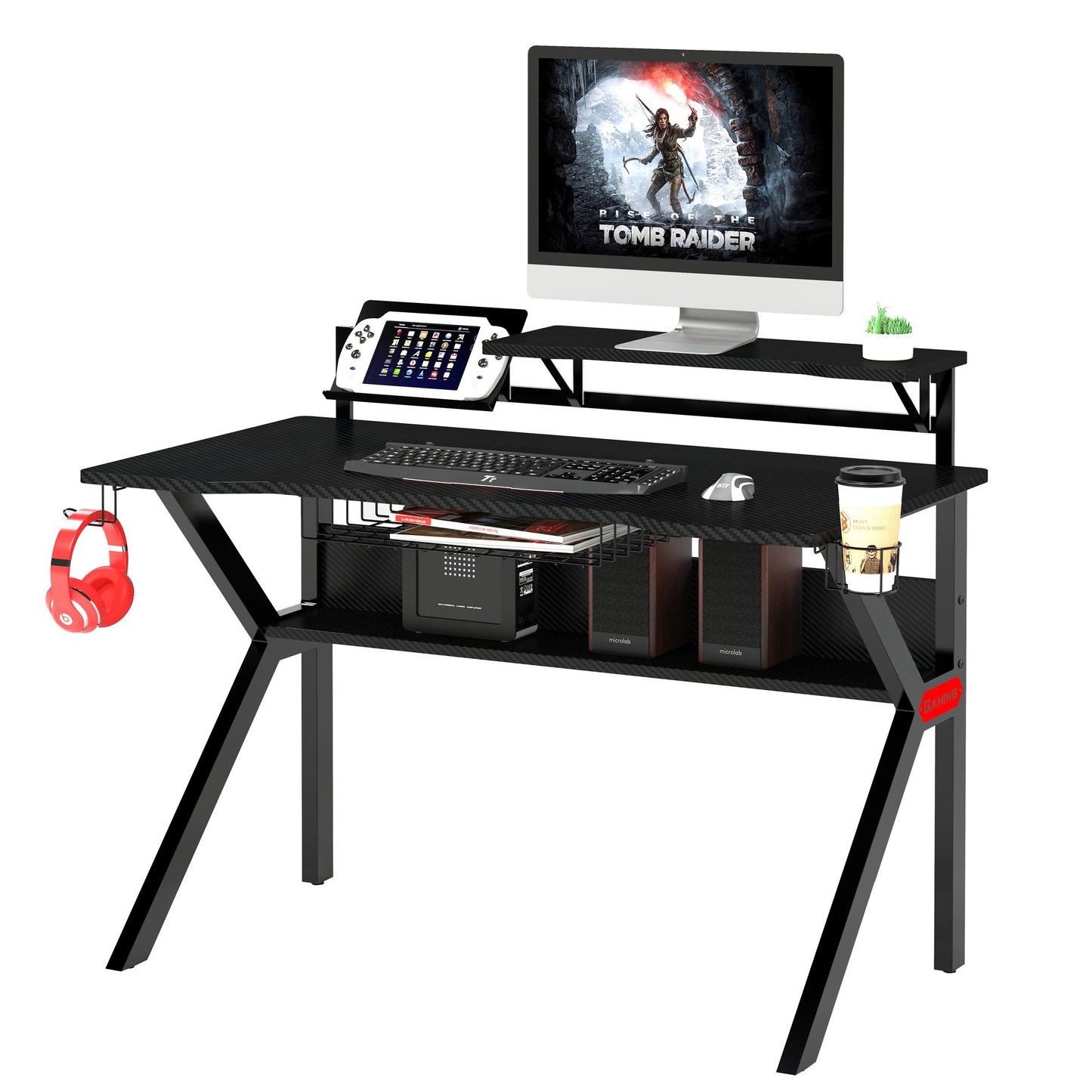 Sleek Gaming Desk with Innovative Design and Carbon Fiber Shelves