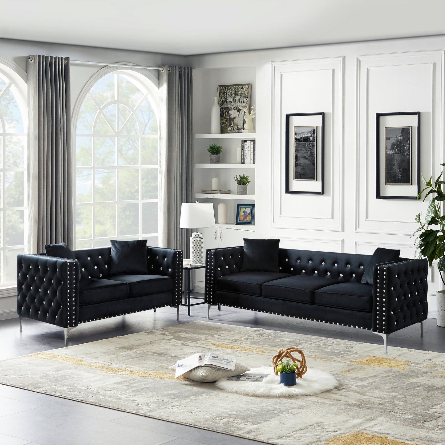 Modern Black Velvet 2-Piece Living Room Set with Sofa, Loveseat, and 4 Pillows