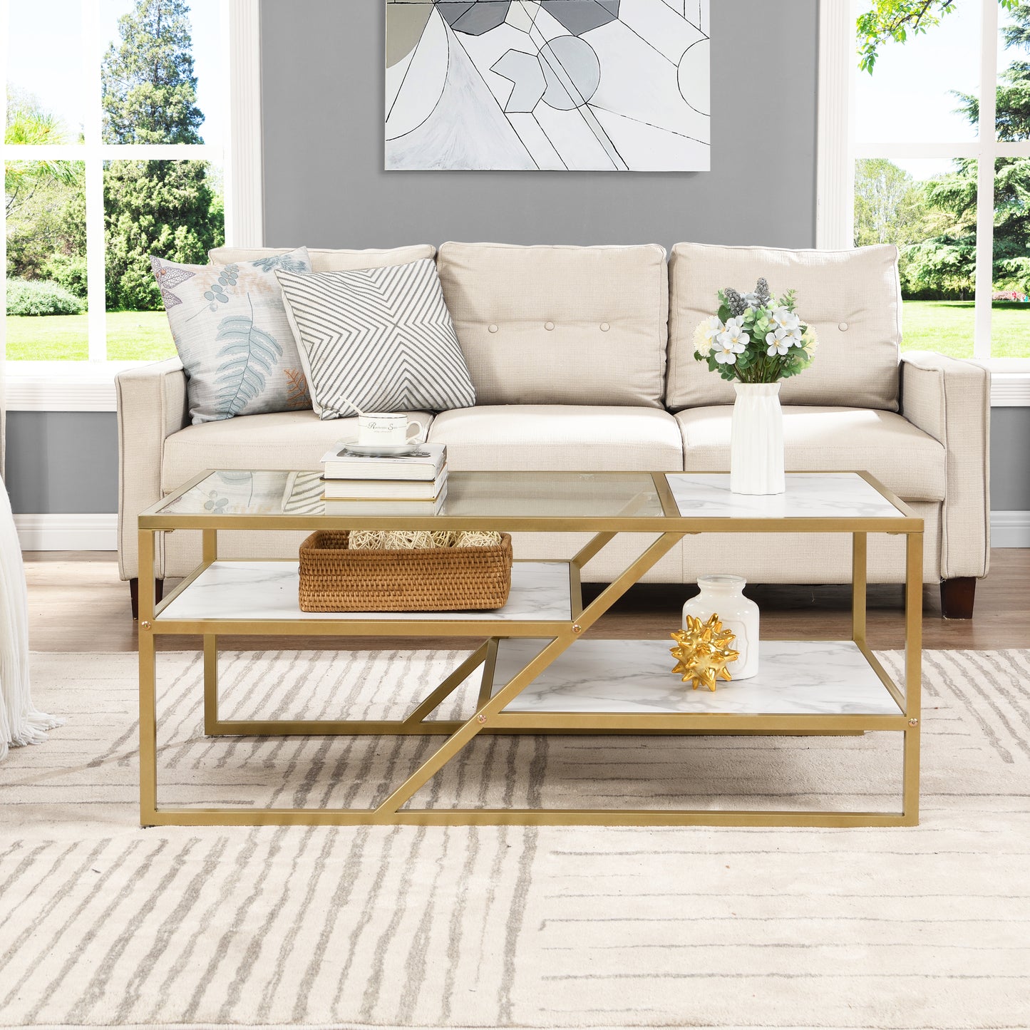 Golden Glass and Metal Coffee Table with Storage Shelf for Living Room or Bedroom