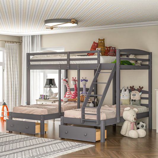 Gray Triple Bunk Bed with Storage Drawers, Full over Twin & Twin Bunk Bed