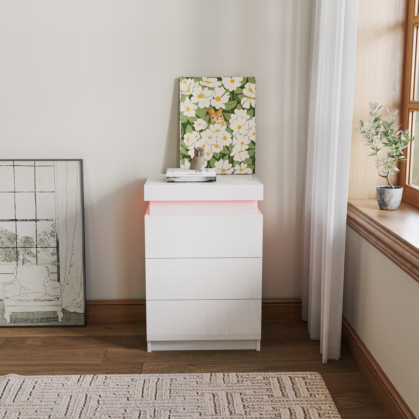 Sleek White High Gloss Nightstand with LED Lights and 3 Spacious Drawers