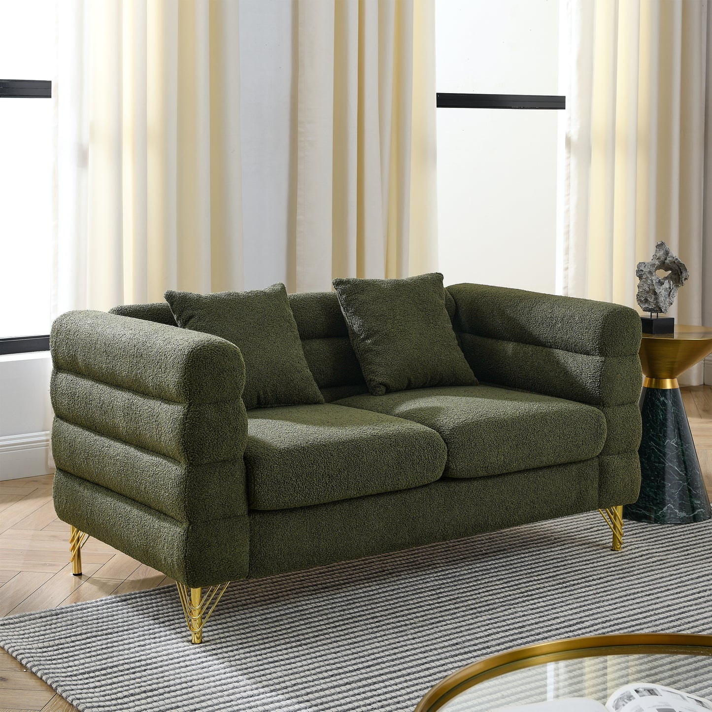 60-Inch Green Teddy 2-Seater Sectional Sofa with Lumbar Pillows