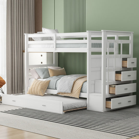 White Twin Over Twin Bunk Bed with Trundle, Staircase, and Storage Drawers