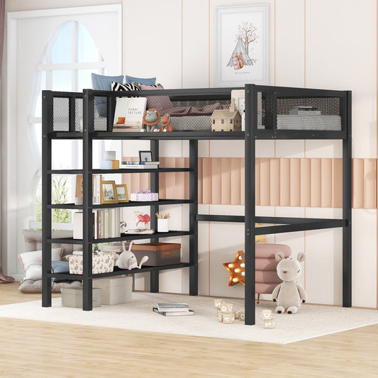 Twin Size Metal Loft Bed with 4-Tier Shelves and Storage, Black