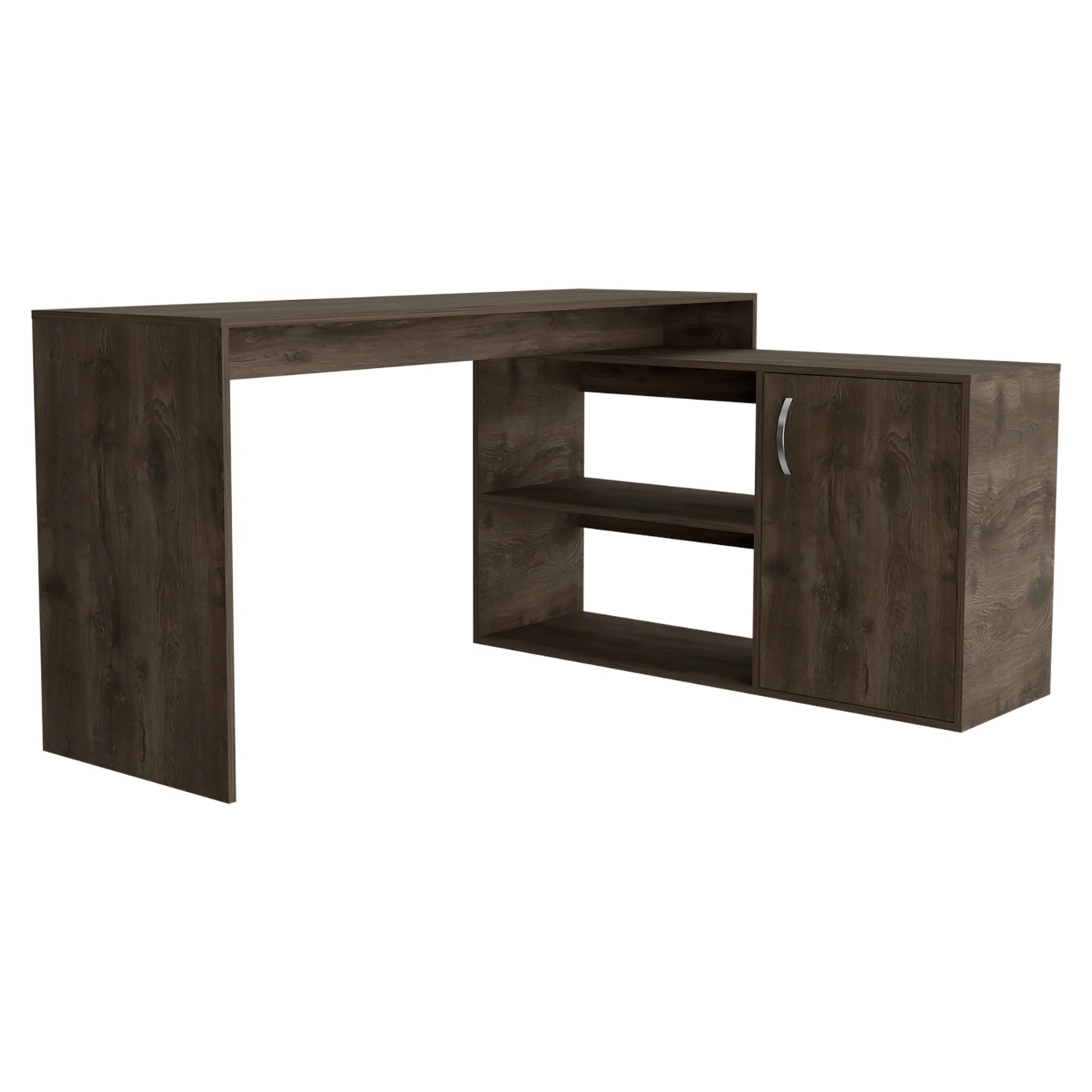 L-Shaped Dark Brown Office Desk with Storage Cabinet and Shelves