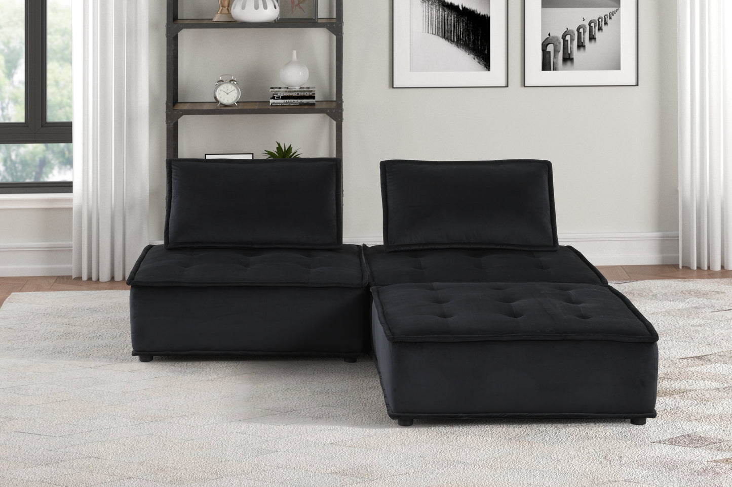 Anna 3-Piece Black Velvet Sectional Sofa Set