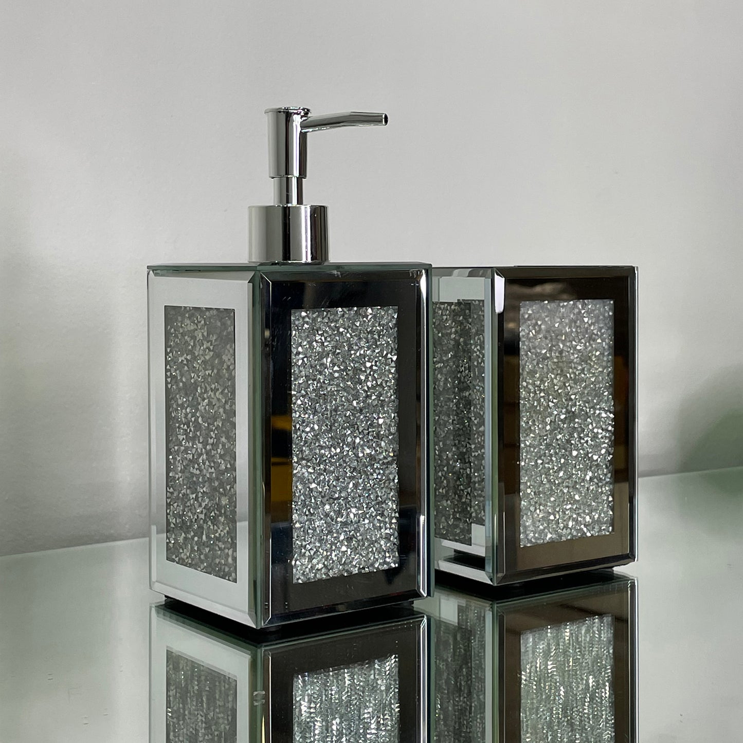 Elegant Glass Bathroom Soap Dispenser and Toothbrush Holder Set with Sophisticated Ambrose Design