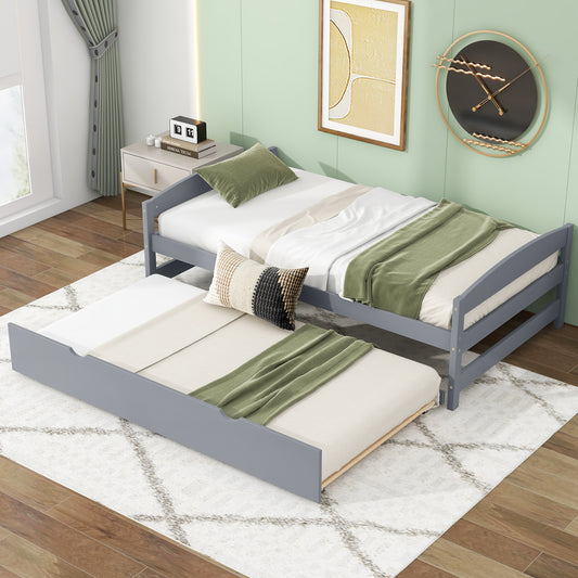 Twin Size Platform Bed with Twin Size Trundle, Gray(Expected Arrival Time: 1.7)