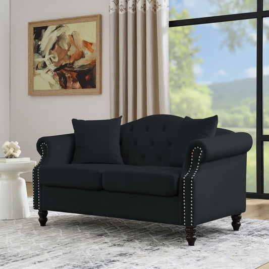 Black Velvet 2-Seater Chesterfield Sofa with Rolled Arms