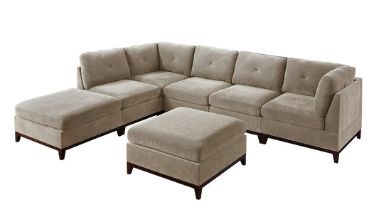 Chic Camel Chenille Fabric 7-Piece Modular Sectional Living Room Set with Tufted Back and Wooden Base