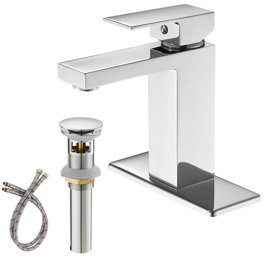 Elegant Polished Chrome Bathroom Faucet with Durable Brass Construction and Pop-Up Drain Assembly