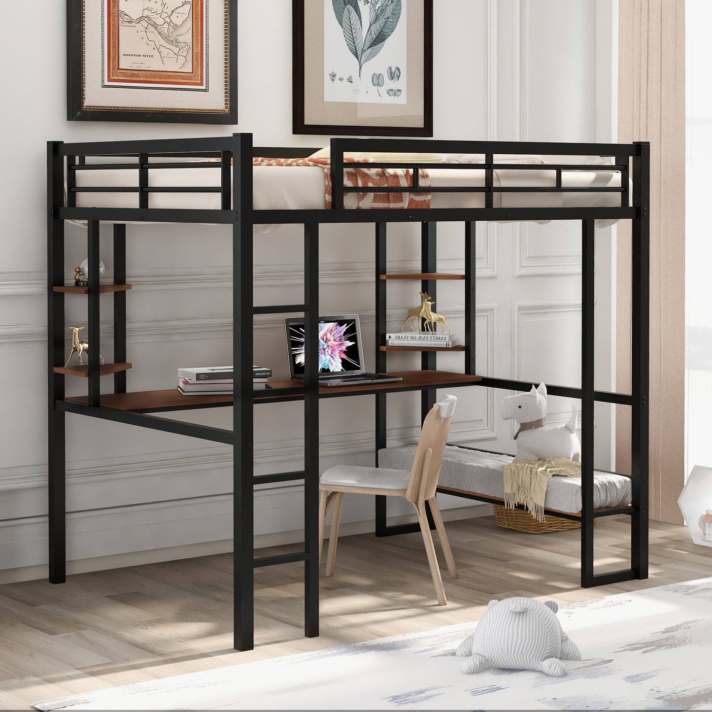 Full Size Loft Metal&MDF Bed with Long Desk and Shelves,Black