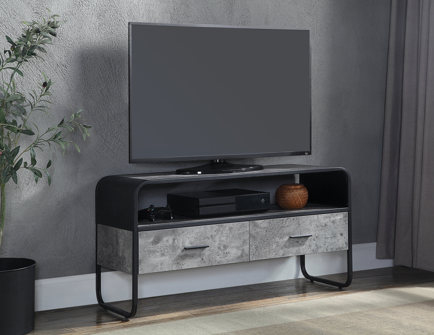 Modern TV Stand with Faux Concrete Shelves in Gray & Black Finish