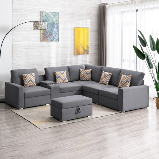 Nolan Gray Linen Fabric 7Pc Reversible Sectional Sofa for Modern Living Rooms