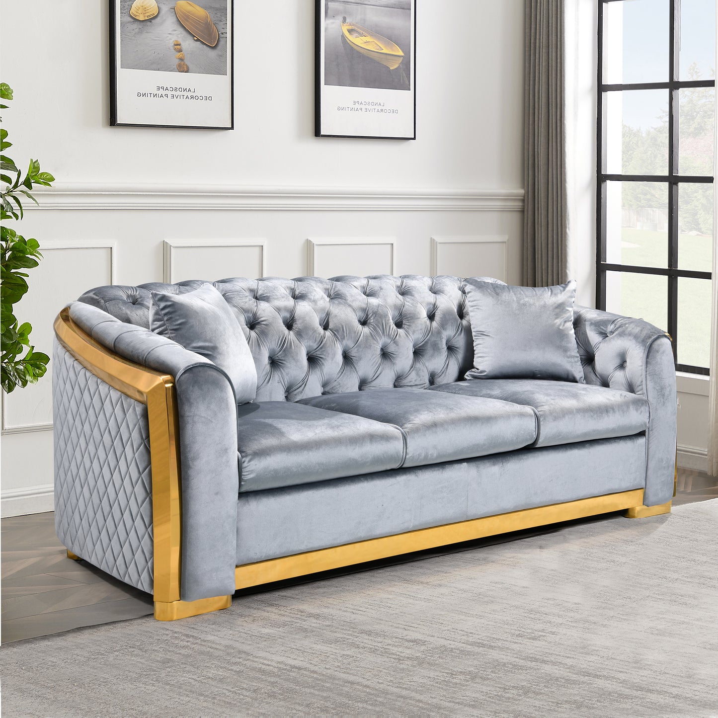 Velvet Luxury Chesterfield Sofa Set, 84 Inches Tufted 3 Seat Couch with Gold Stainless for Living Room, Grey Fabric